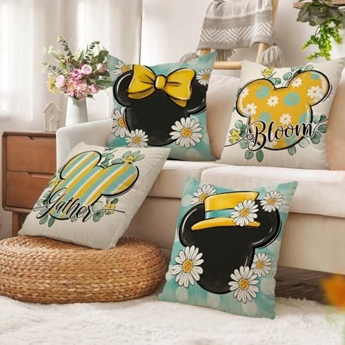 Spring Daisy Flower Throw Pillow Covers, Teal Yellow Stripes & Polka Dot