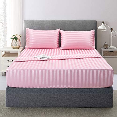 Soft Pink Silk Satin Sheets, Hypoallergenic Full Size Bedding Set, 4 Piece, Deep Pocket