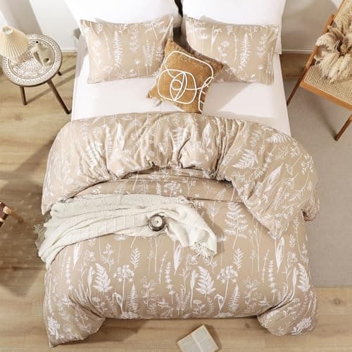 JANZAA Queen Oatmeal Floral Comforter Set with 2 Pillow Shams