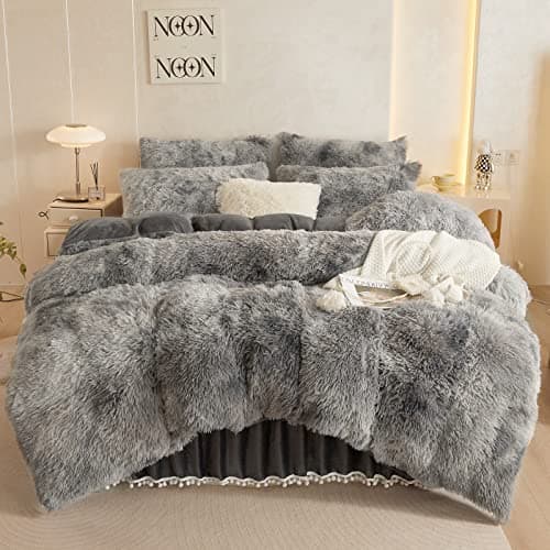 Fluffy White Duvet Cover Set for Twin Bed, 2 Pieces (1 Faux Fur Duvet Cover + 1 Plush Pillow Cases)