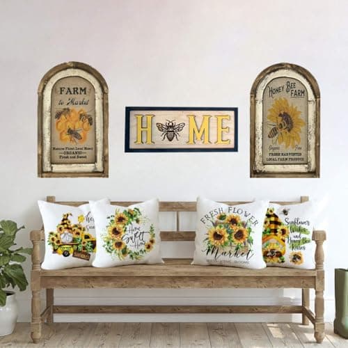 Rustic Sunflower Pillow Covers Set of 4 (Yellow-Hello Sunshine)