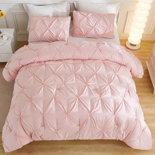 Andency White Queen Size Comforter Set, 3-Piece Cute Pinch Pleat bedding