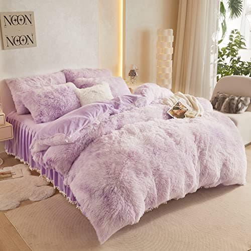 Tie Dye Purple Faux Fur King Comforter & Pillowcases Set