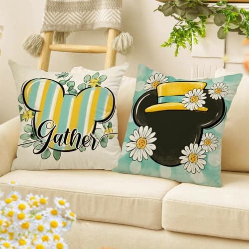 Spring Daisy Flower Throw Pillow Covers, Teal Yellow Stripes & Polka Dot