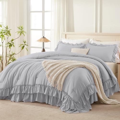 White Shabby Chic Queen Comforter Set with Microfiber Ruffles & Pillowcases