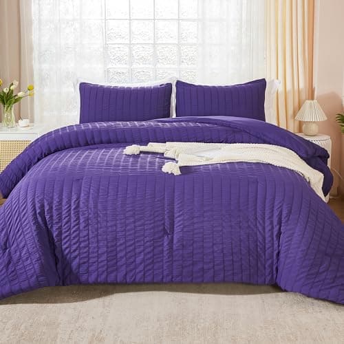 Beige Seersucker Queen Comforter Set - 3 Pieces, 100% Washed Microfiber, Lightweight Comforter with 2 Pillowcases