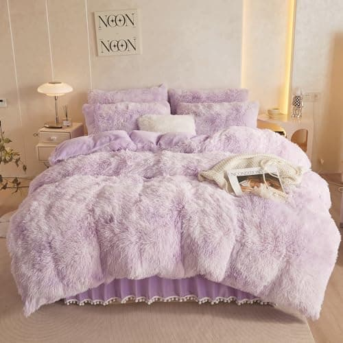 Tie Dye Purple Faux Fur Comforter Set - Queen, 3 Pieces