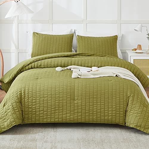 Beige Seersucker Queen Comforter Set - 3 Pieces, 100% Washed Microfiber, Lightweight Comforter with 2 Pillowcases