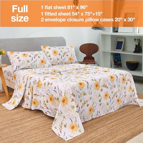 JSD Yellow Floral Printed Full Size 4 Piece Microfiber Sheet Set Extra Deep Pocket