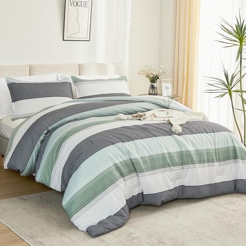 Litanika Queen Comforter Set - Sage Green, Light Green Stripe, All Season Bedding