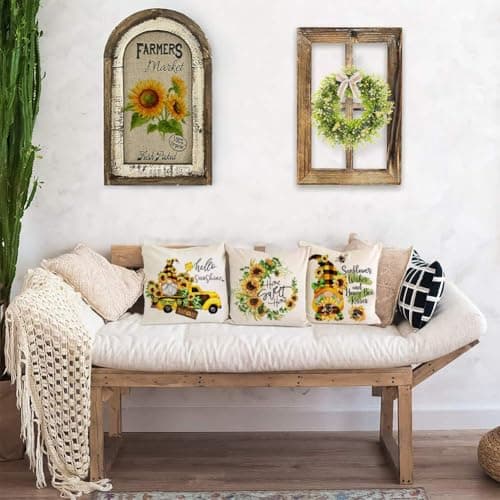 Rustic Sunflower Pillow Covers Set of 4 (Yellow-Hello Sunshine)