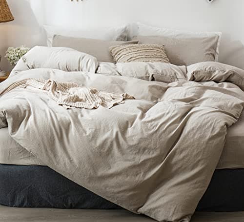 MooMee Bedding Duvet Cover Set in Brown, Queen Size 100% Washed Cotton Linen Like Textured Breathable and Durable Soft Comfy
