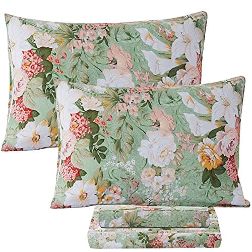 Queen Percale Cotton Sheets Set, Luxury Vintage Roses Floral, Deep Pocket Fitted, Super Soft & Breathable, 4pcs
