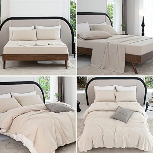 Talasily Queen Size Linen Cotton Sheets, Beige, Deep Pockets