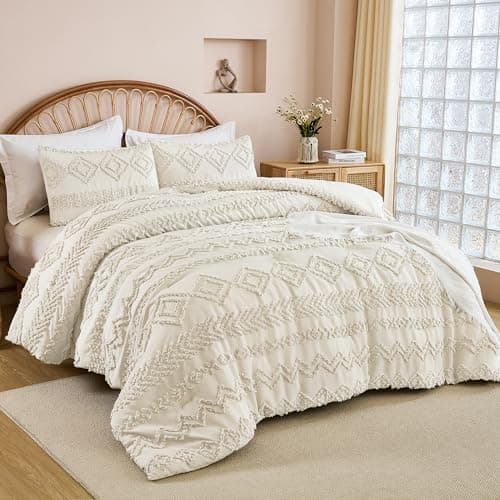 Andency Boho Beige Comforter Queen Set, Fluffy Warm Farmhouse Bedding
