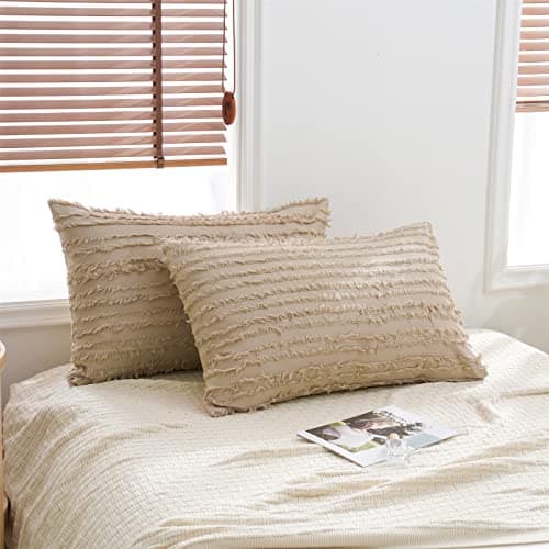 Cotton Tufted Pillowcases Set of 2 Linen Striped Jacquard Beige Standard Cover Pack