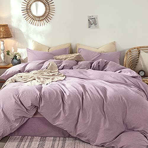 MooMee Bedding Duvet Cover Set in Brown, Queen Size 100% Washed Cotton Linen Like Textured Breathable and Durable Soft Comfy