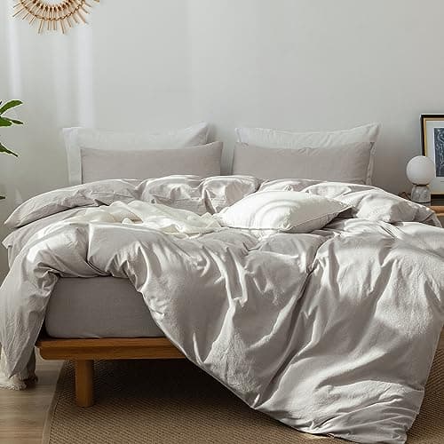 MooMee Bedding Duvet Cover Set in Brown, Queen Size 100% Washed Cotton Linen Like Textured Breathable and Durable Soft Comfy