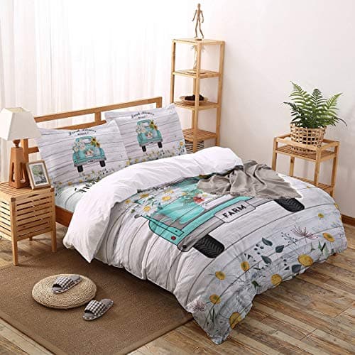 4-Piece Breathable Soft Duvet Cover Set Flower Market Retro Truck Daisies for Kids/Adults
