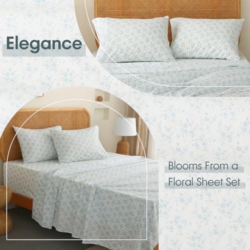 HYPREST Blue Floral King Bed Sheet Sets, Soft Breathable 4pcs Deep Pocket