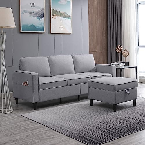 Convertible L-Shaped Linen Couch with Reversible Ottoman