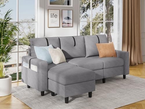 Modern 3-Seat L Shaped Sectional Sofa with Reversible Ottoman, Light Grey Linen Fabric