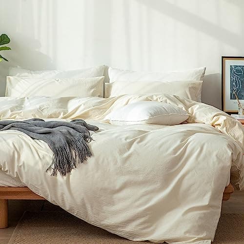 MooMee Bedding Duvet Cover Set in Brown, Queen Size 100% Washed Cotton Linen Like Textured Breathable and Durable Soft Comfy