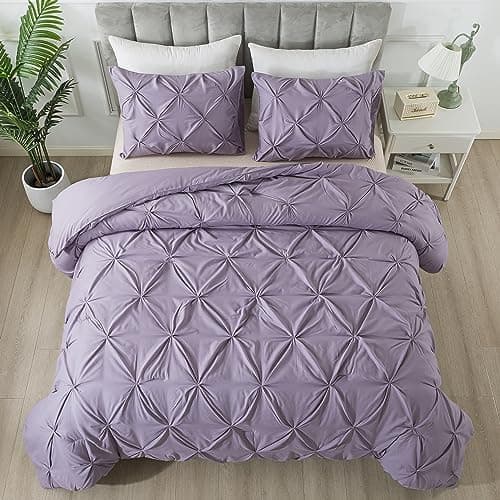 Andency White Queen Size Comforter Set, 3-Piece Cute Pinch Pleat bedding