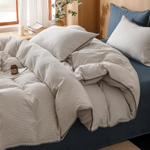 VM VOUGEMARKET Queen Blue Striped Duvet Cover & Pillowcases Set