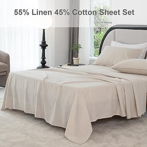 Talasily Queen Size Linen Cotton Sheets, Beige, Deep Pockets