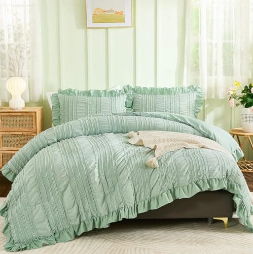 WONGS BEDDING Queen Shabby Chic Comforter Set 3 Pieces Ruffle SeersuckerTextures