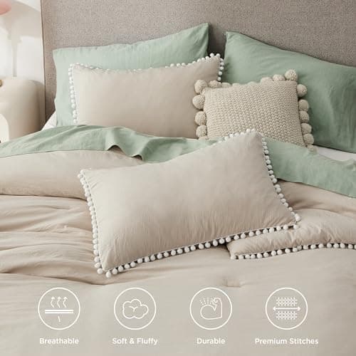 Bedsure Linen Queen Comforter Set with Pom Pom Detail - Vintage Boho Bedding Set for All Seasons, 3 Piece Shabby Chic Design with Fluffy Softness and 2 Pillow Shams