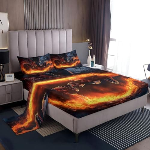 Abstract Flame Wolf & Dragon Black King Size Bed Sheets (1 Fitted, 1 Flat, 2 Pillowcases)