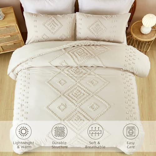 Dinjoy Shabby Chic Cream/Beige Boho Comforter Set Queen 3 Pieces Soft Fluffy