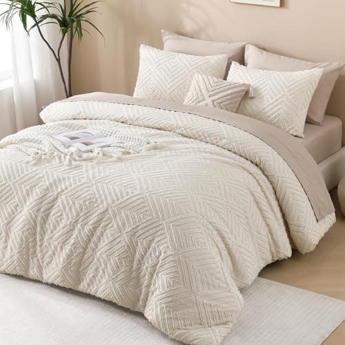 Andency Queen Comforter Set Beige, 3 Pieces Tufted Farmhouse Bedding
