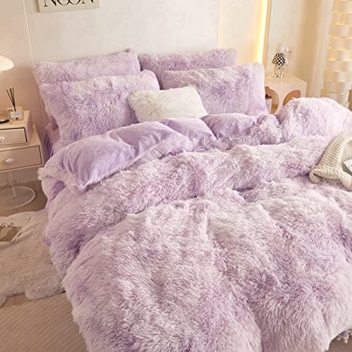 Tie Dye Purple Faux Fur King Comforter & Pillowcases Set