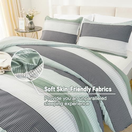 Litanika Queen Comforter Set - Sage Green, Light Green Stripe, All Season Bedding
