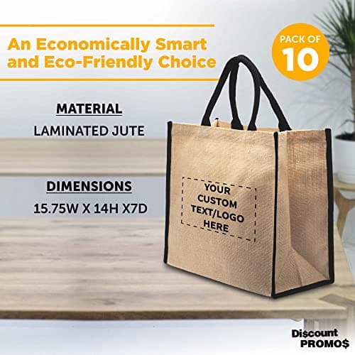 Eco-Friendly Fresno Jute Tote Bags - Set of 10, Personalized Black