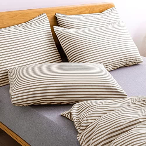 JELLYMONI 100% Natural Cotton Queen Pillowcases, 2 Pack White & Khaki Stripes