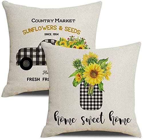 Sunflower Pillow Covers Set of 2, Black White Buffalo Check Farmhouse Decor 18 x 18