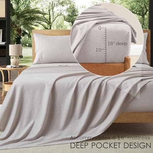 100% French Linen from Normandy, 4Pcs Organic Linen Sheets Full Size, 16 Inch Deep Pocket
