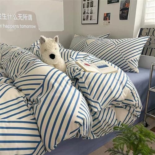 VM VOUGEMARKET Queen Blue Striped Duvet Cover & Pillowcases Set