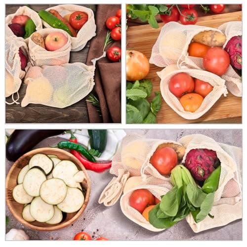 Reusable 12-Pack Cotton Mesh Produce Bags - Vegetable Storage, Farmers Market, Beach Bags, 4X Small, Medium, Large
