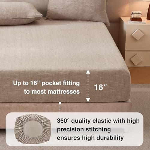 King Size Stonewashed Linen Cotton Sheets, Beige - Breathable & Soft, Slub Texture, All-Season Comfort, 4-Piece Set