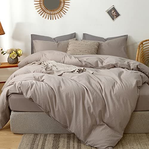 MooMee Bedding Duvet Cover Set in Brown, Queen Size 100% Washed Cotton Linen Like Textured Breathable and Durable Soft Comfy