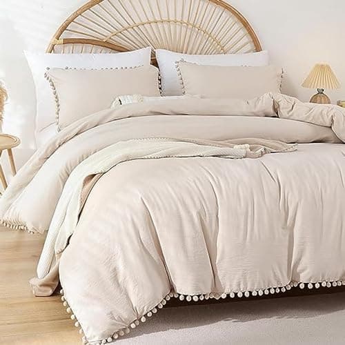 YIRDDEO Queen Size Comforter Set with Ball Pom Fringe - Oatmeal