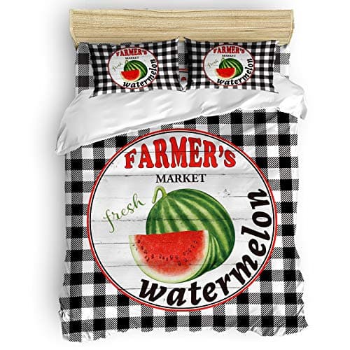 Rustic Wood Watermelon 4 Piece Bedding Set for Kids Black Buffalo Plaid