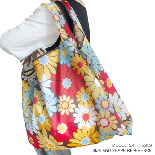 Foldable Reusable Grocery Bags with Long Handles and Fold-Up Pouch