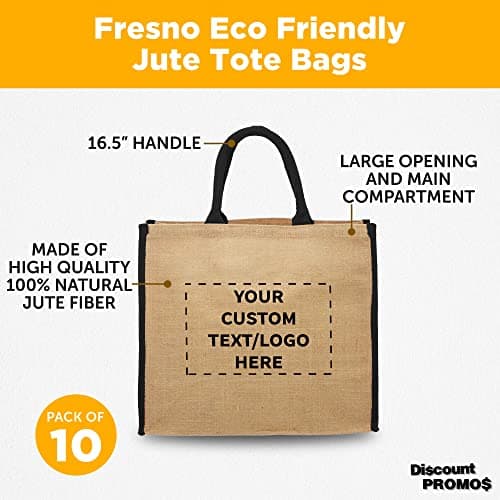Eco-Friendly Fresno Jute Tote Bags - Set of 10, Personalized Black