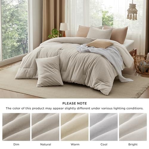 Queen Size Linen Color Comforter Set - Cotton Fabric with Microfiber Fill, 3 Pieces